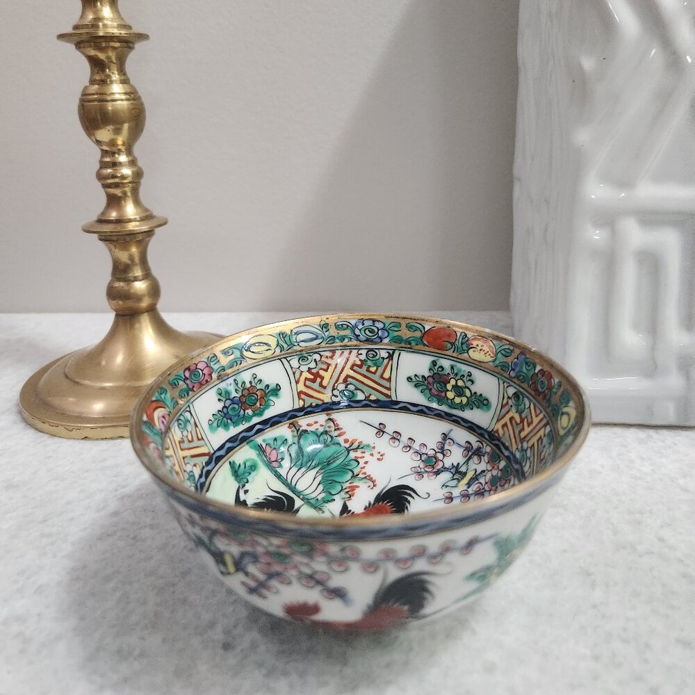 Vintage Japanese Porcelain Guangcai Famille Rose Gilded Rim Rooster Small Bowl